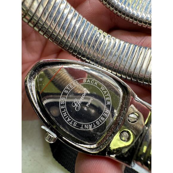 Vtg Genoa Silver Tone Watch Snake Coil Wrap Around Band Rhinestone Bezel NEW main image 8